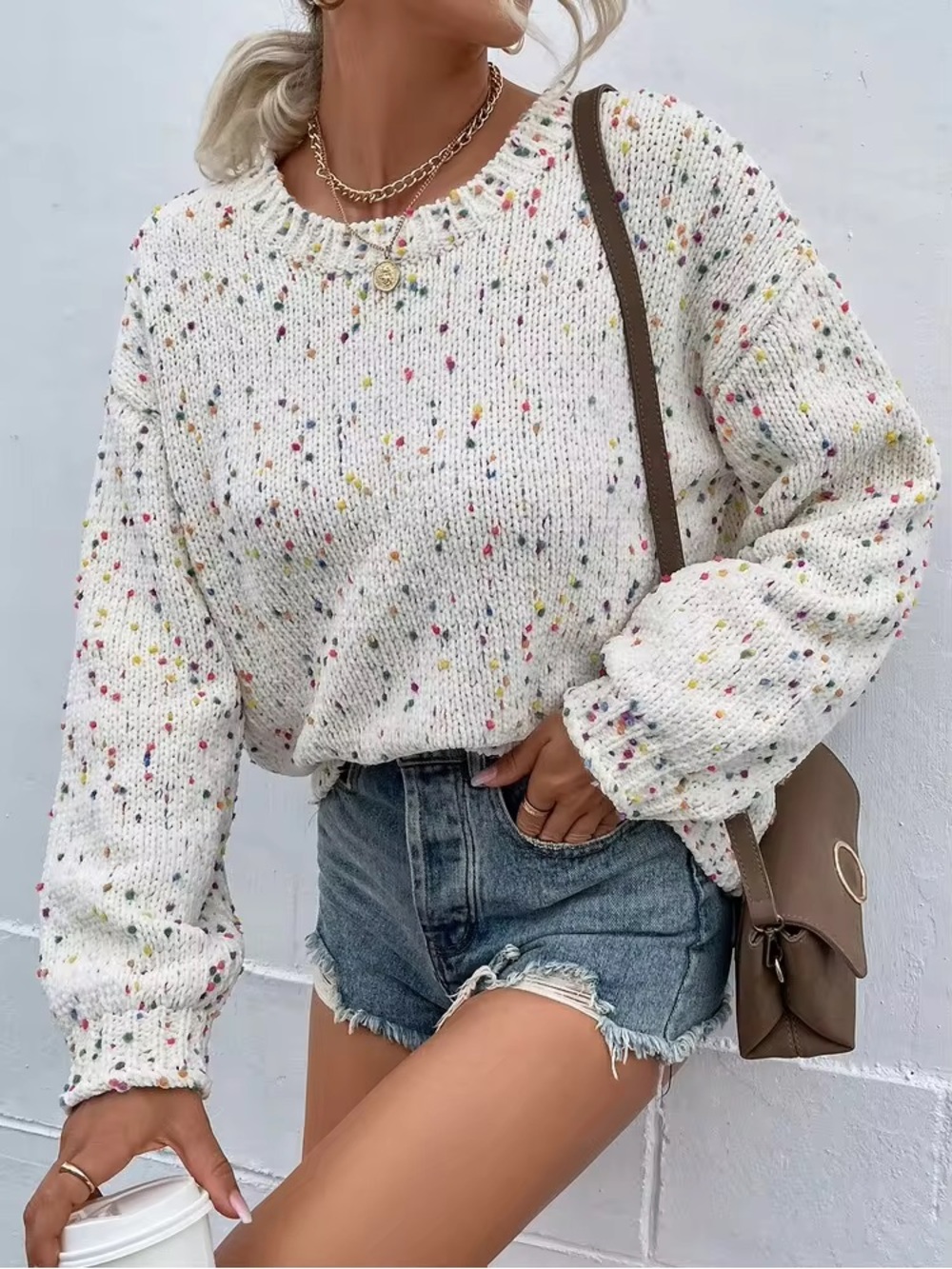 SHEIN LUNE Popcorn Knit Drop Shoulder Sweater, Long Sleeve Tops Knit Pullover